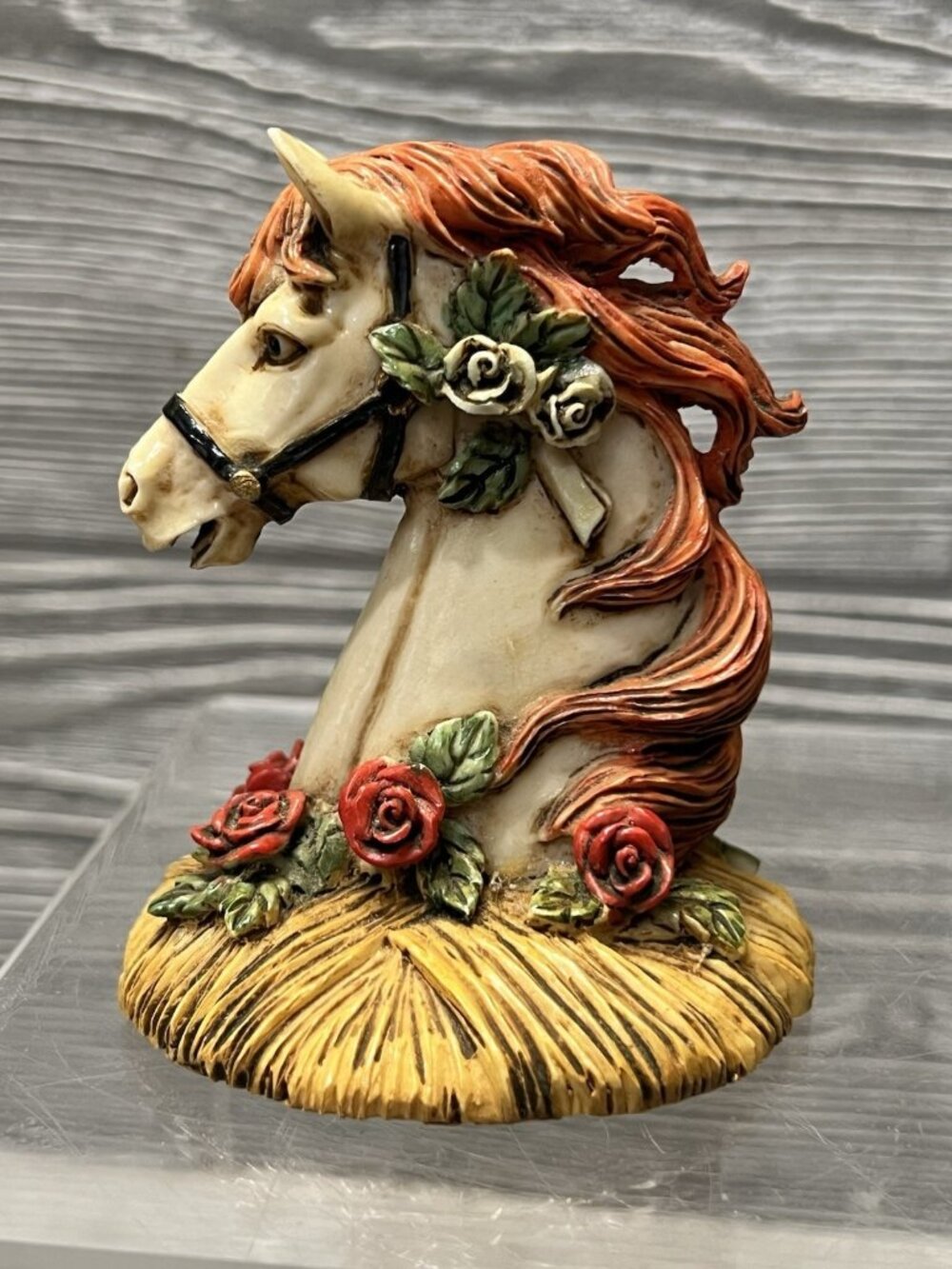 Horse Head Figurine 3” Resin Figure Red Roses Cream Orange Small Statue